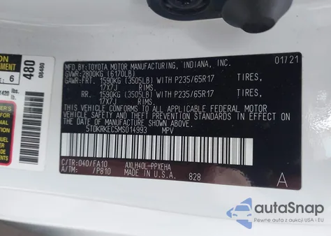 2021 Toyota Sienna Le z USA, uszkodzony, nr VIN 5TDKRKEC5MS014993